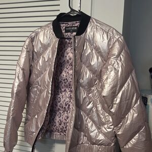 Women Noize Rose Gold Quilted Bomber Jacket with Leopard Lining
